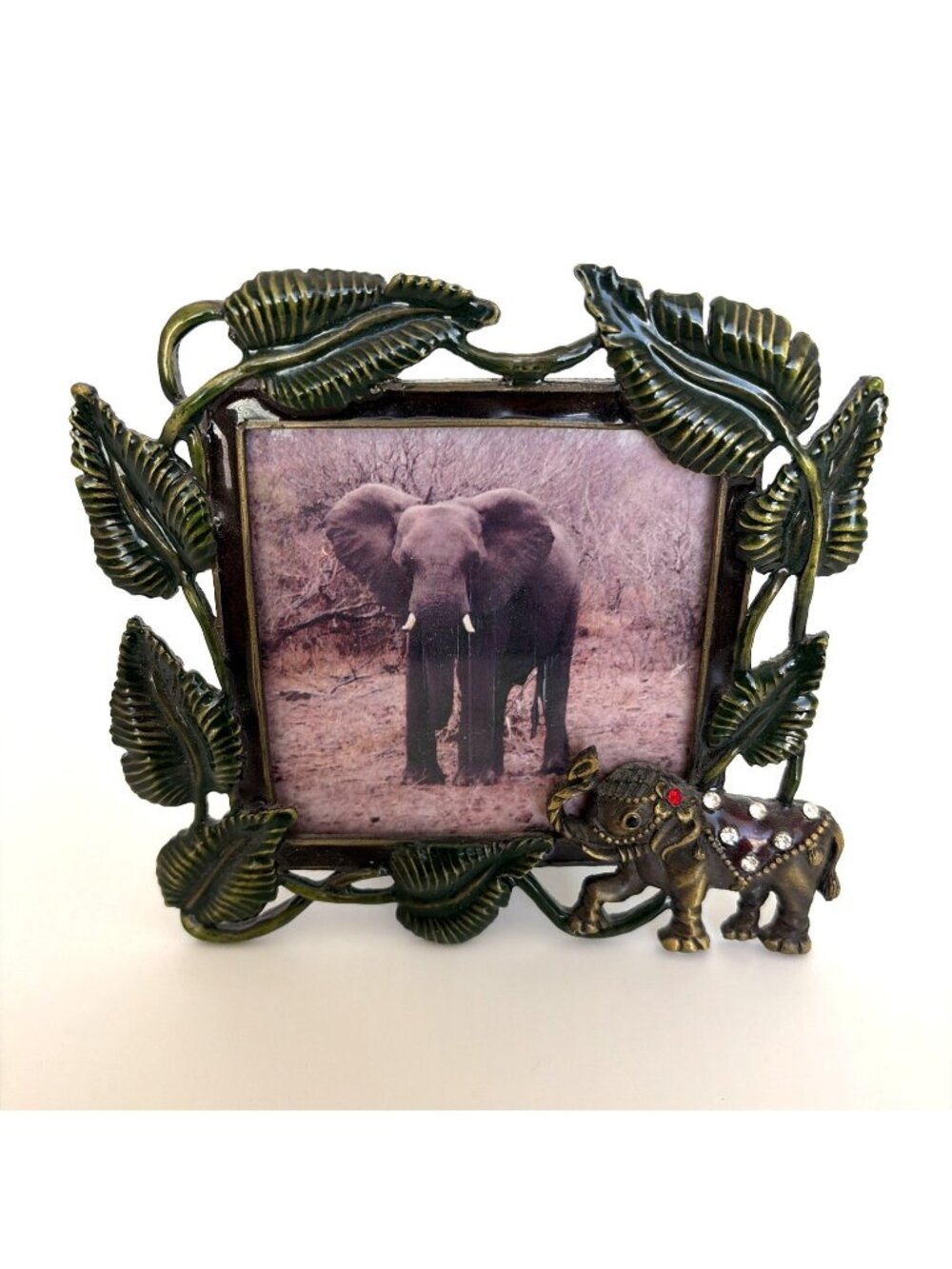 Lefton Devonshire Designs Elephant Photo Frame Jeweled Enamel Metal 3.5 x 3.5